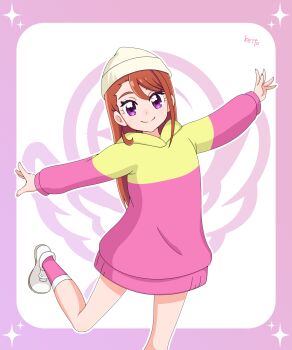 Rule 34 | 1girl, absurdres, aged down, anime coloring, artist name, bare legs, beanie, border, closed mouth, commentary, cowboy shot, fingernails, four-pointed star, gradient border, hair between eyes, hat, highres, hijiri ageha, hirogaru sky! precure, hood, hood down, hoodie, leg up, light blush, long hair, long sleeves, looking at viewer, multicolored hoodie, orange hair, outline, outside border, outstretched arms, pink border, pink hoodie, pink socks, precure, purple eyes, sakuragawa3710, shoes, smile, socks, solo, split mouth, spread arms, standing, standing on one leg, star (symbol), star border, swept bangs, two-tone hoodie, white background, white hat, white outline, white shoes, yellow hoodie