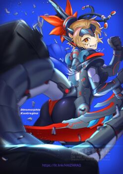 1girl arm_blade armor ass black_armor black_bodysuit blonde_hair blue_background bodysuit broken broken_chain chain clenched_hand cowboy_shot dinomorphia_kentregina duel_monster from_behind headgear highres mechanical_tail quo_(haizaraq) sharp_teeth simple_background solo tail teeth weapon yellow_eyes yu-gi-oh!