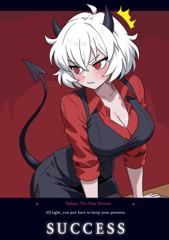 1girl absurdres black_border black_horns black_tail black_vest blush border breasts character_name cleavage closed_mouth collared_shirt commentary demon_girl demon_horns demon_tail dialogue_box english_text gubee helltaker highres horns large_breasts leaning_forward letterboxed malina_(helltaker) pantyhose red_background red_eyes red_shirt shirt short_hair small_sweatdrop solo tail vest white_hair