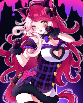 1girl animal_ears blush breasts cat cleavage collarbone commentary_request fake_claws gloves halloween_costume highres horse_ears horse_girl inairego116 jewelry long_hair looking_at_viewer loves_only_you_(umamusume) mole mole_under_eye necklace one_eye_closed open_mouth red_hair simple_background thighhighs umamusume yellow_eyes