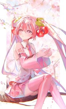 Rule 34 | 1girl, absurdres, ahoge, arm tattoo, blush, branch, breasts, cherry hair ornament, collared shirt, commentary request, detached sleeves, feet out of frame, floral print, flower, food-themed hair ornament, hair between eyes, hair ornament, hatsune miku, highres, kikinoki, long hair, long sleeves, looking up, medium breasts, necktie, number tattoo, official alternate costume, open mouth, pink eyes, pink flower, pink hair, pink necktie, pink skirt, sakura miku, shirt, sitting, sitting on branch, skirt, sleeveless, sleeveless shirt, solo, spring (season), tattoo, twintails, very long hair, vocaloid, white trim, wide sleeves