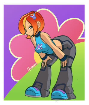 1girl armband ass baggy_pants bent_over blonde_streaks blue_shirt breasts bug butterfly butterfly_(planetronika) butterfly_hair_ornament commentary crop_top cropped_shirt english_commentary floral_background full_body hair_ornament halterneck highres insect medium_breasts medium_hair multicolored_hair navel orange_hair pants planetronika purple_background shirt smile streaked_hair wyvernn