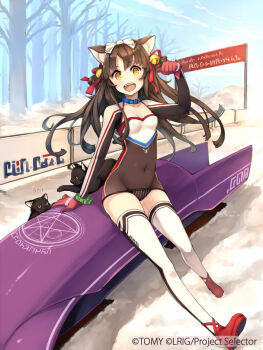 1girl animal_ear_fluff animal_ears bell belt_collar blue_collar breasts brown_hair brown_leotard cat cat_ears cat_girl collar copyright_notice covered_navel gloves hair_bell hair_ornament hair_ribbon jingle_bell keypot kuronyan_(wixoss) leotard looking_at_viewer navel official_art open_mouth red_gloves red_ribbon red_shoes ribbon shoes small_breasts smile solo teeth thighhighs upper_teeth_only white_thighhighs wixoss yellow_eyes