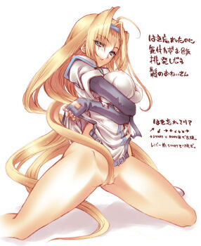 1girl arc_system_works blonde_hair bottomless breasts female_focus guilty_gear kneeling millia_rage no_panties solo spread_legs translation_request uguisu_kagura