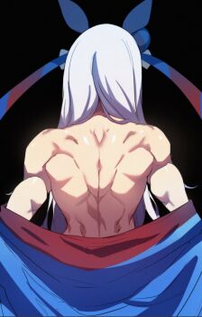 1girl animal_ears back black_background blue_hairband ear_covers from_below grey_hair hairband headband highres hinghoi horse_ears horse_girl jacket jacket_partially_removed long_hair muscular muscular_female red_headband simple_background solo striped_clothes striped_hairband tamamo_cross_(umamusume) umamusume very_long_hair