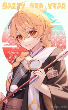 1boy aether_(genshin_impact) arrow_(projectile) blonde_hair braid brown_kimono closed_mouth earrings genshin_impact hair_between_eyes happy_new_year highres holding holding_arrow japanese_clothes jewelry kimono long_hair long_sleeves male_focus new_year sg_(under_siiiiii) solo yellow_eyes