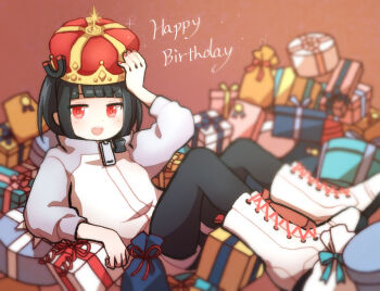 1girl :d adjusting_clothes adjusting_headwear black_hair black_hairband black_pantyhose blunt_bangs blurry blurry_background boots commentary_request crown gift grey_sweater hairband happy_birthday highres jitomi_monoe long_sleeves looking_at_viewer magnet open_mouth pantyhose red_eyes sakomdms shorts sitting smile solo sweater two-tone_sweater v-shaped_eyebrows virtual_youtuber voms white_boots white_sweater