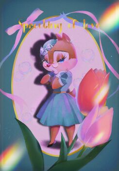 Rule 34 | 1girl, absurdres, alternate costume, beret, blue dress, blue eyes, bow, chipmunk ears, chipmunk girl, clarice (disney), disney, dress, eyelashes, flower, glasses, hat, highres, looking at viewer, mickey mouse &amp; friends, open mouth, pink flower, pink tulip, rl10 02, solo, tulip