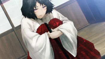 1boy architecture black_hair blush bob_cut chihaya_(clothing) choker crossdressing crossdressing_(mtf) crying dutch_angle east_asian_architecture fingernails game_cg hair_ornament hairclip hakama hakama_skirt highres holding hugging_own_legs huke japanese_clothes kosode looking_down male_focus miko narrowed_eyes non-web_source official_art open_mouth outdoors pink_eyes pink_lips porch red_hakama ribbon_choker ribbon_trim ringed_eyes sad science_adventure shiny_lips sitting skirt solo square_pupils steins;gate streaming_tears tears tongue trap urushibara_luka wide_sleeves wooden_floor wooden_porch