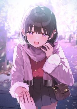 Rule 34 | 1girl, 1other, bag, black hair, black skirt, bow, breasts, breath, buttons, coat, commentary request, cowboy shot, fur-trimmed coat, fur trim, hair bow, handbag, highres, light blush, long sleeves, looking at viewer, medium hair, miniskirt, open clothes, open coat, open mouth, original, out of frame, outdoors, pink coat, pink scarf, pleated skirt, pov, purple eyes, red bow, red shirt, scarf, shirt, shirt tucked in, skirt, standing, yushima