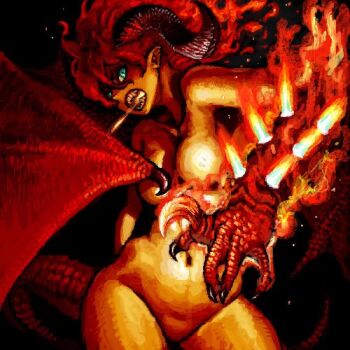 1girl aqua_eyes black_background breasts breath_weapon breathing_fire claws commentary_request curled_horns dragon_girl dragon_tail dragon_wings fiery_hair fire horns jonpei long_hair lowres medium_breasts monster_girl navel nude oekaki open_mouth original pointy_ears red_hair sharp_teeth solo tail teeth wings