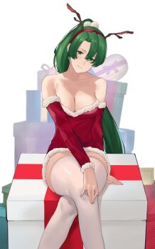 1girl antlers bare_shoulders box breasts cleavage collarbone commentary crossed_legs detached_sleeves dress english_commentary eyelashes fake_antlers feet_out_of_frame female_focus fire_emblem fire_emblem:_the_blazing_blade fur-trimmed_dress fur-trimmed_sleeves fur_trim gift gift_box green_eyes green_hair hair_between_eyes hand_on_own_knee head_tilt headband highres horns j@ck large_breasts long_hair long_sleeves looking_at_viewer lyn_(fire_emblem) nintendo parted_lips ponytail red_dress reindeer_antlers sidelocks simple_background sitting solo thighhighs very_long_hair white_background white_thighhighs zettai_ryouiki
