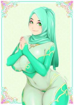 Rule 34 | aqua hijab, areola slip, breasts, green eyes, hand on own chest, highres, hijab, jewelry, large breasts, nigaw, original, own hands together, skin tight, smile, solo, thick thighs, thighs