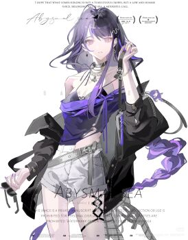 1girl alternate_costume armpit_crease bad_source bag bare_shoulders black_bra black_choker black_jacket blue_pupils blunt_bangs bra braid breasts character_charm charm_(object) choker cleavage collarbone commission contemporary english_text genshin_impact gradient_hair grey_shorts hair_flowing_over hair_ornament hand_up handbag highres holding holding_bag jacket jewelry large_breasts leather leather_jacket long_braid long_hair long_sleeves looking_at_viewer mole mole_under_eye multicolored_eyes multicolored_hair necklace off_shoulder open_clothes open_jacket parted_lips purple_eyes purple_hair purple_nails purple_shirt raiden_shogun shade shirt shorts signature single_braid solo standing streaked_hair sunglasses thighs torn_clothes torn_shirt underwear unworn_eyewear upper_body watermark weibo_7782938069 white_background xiaohongshu_watermark