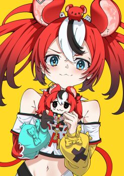1girl absurdres animal_ears black_hair blue_eyes blush breakdiamond breasts collar dice_hair_ornament hair_ornament hakos_baelz highres hololive hololive_english looking_at_viewer mouse_ears mouse_girl mouse_on_head multicolored_hair red_hair shirt smile solo spiked_collar spikes streaked_hair twintails virtual_youtuber white_hair