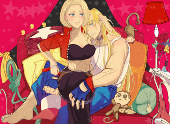 1boy 1girl animal bad_id bad_pixiv_id barefoot black_skirt blonde_hair blue_eyes blue_gloves blue_pants blush breasts chain cleavage collar collarbone couch couple crop_top cuffs animal_collar earrings fatal_fury femdom fingerless_gloves fingernails gloves hair_down handcuffs hetero holding jacket jewelry leash long_hair long_skirt looking_at_viewer mary_ryan medium_breasts midriff monkey muscular nail_polish open_clothes open_jacket pants parted_lips pillow red_jacket rope shirt short_sleeves sitting skirt sleeveless sleeveless_shirt stuffed_animal stuffed_monkey stuffed_toy terry_bogard the_king_of_fighters toenail_polish toenails ukkii_(snk) white_shirt
