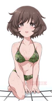 1girl absurdres akiyama_yukari artist_name bikini blush breasts brown_eyes brown_hair camouflage camouflage_bikini climbing commentary girls_und_panzer green_bikini halterneck hazuki_haru highres looking_at_viewer medium_breasts messy_hair navel open_mouth poolside short_hair simple_background smile solo swimsuit wet white_background