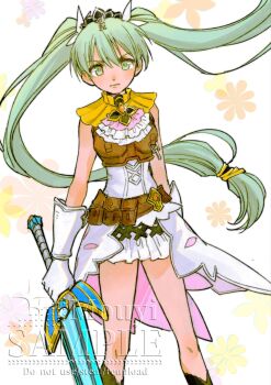 1girl aqua_eyes aqua_hair armor artist_name belt boots breastplate breasts brown_belt cowboy_shot dress frey_(rune_factory) gloves hair_between_eyes hair_ribbon hair_tie highres holding holding_sword holding_weapon leather_armor light_frown long_hair low-tied_long_hair medium_breasts mouyi ribbon rune_factory rune_factory_4 sample_watermark solo stnaym sword twintails watermark weapon white_background white_dress white_gloves white_ribbon