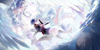 Rule 34 | 2boys, 2girls, angel wings, ankle flower, antenna hair, aqua bow, armor, artist request, bare shoulders, barefoot, black bodysuit, black kimono, black sandals, black sleeves, blunt ends, bodysuit, bow, bowtie, closed mouth, column, commission, commissioner insert, couple, detached collar, detached sleeves, different reflection, diffraction spikes, dress, dutch angle, eye contact, eyelashes, eyeliner, face-to-face, feathered wings, flower, frilled sleeves, frills, furisode, gem, genshin impact, gold, gold trim, grey eyes, grey sleeves, hair ornament, hairband, hand on another's face, hand on another's shoulder, hand up, hayami momo (hayamimomo), hetero, highres, japanese armor, japanese clothes, jewelry, juban, kimono, kote, kurokote, layered sleeves, long hair, looking at another, looking at viewer, makeup, multiple boys, multiple girls, neck ring, o-ring, oc x canon, off-shoulder dress, off shoulder, open hands, open mouth, original, outdoors, pillar, pink eyes, pink flower, purple eyes, purple hair, purple sash, red eyeliner, red gem, red kimono, red sash, reflection, reflective liquid, ribbed sweater, sandals, sash, scaramouche (genshin impact), second-party source, short sleeves, sky, smile, stirrup legwear, strapless, strapless dress, sweater, toeless legwear, toes, tsurime, turtleneck, turtleneck bodysuit, very long hair, water, white bow, white bowtie, white dress, white hair, white hairband, white kimono, white sky, white sleeves, white sweater, white wings, wings, x hair ornament, zouri