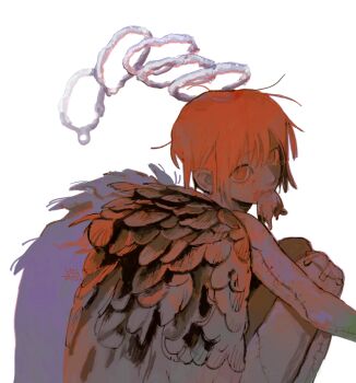 1other androgynous animal_in_mouth artist_name blood blood_on_face dead_animal feathered_wings feathers feet_out_of_frame folded_wings from_behind gauze_on_knee halo highres looking_at_viewer looking_back messy_hair mouse_(animal) mouth_hold multiple_halos nude orange_eyes orange_hair original short_hair simple_background squatting stitched_arm stitched_leg stitches upturned_eyes white_background wings yasutatsu_(amazu)