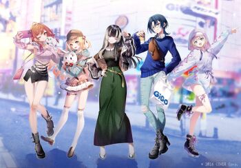 Rule 34 | 5girls, black boots, black hair, black shoes, boots, closed mouth, full body, grey hair, hat, hiodoshi ao, holding, holding phone, hololive, hololive dev is, ichijou ririka, juufuutei raden, lace-up boots, loafers, long hair, long skirt, looking at viewer, multicolored hair, multiple girls, official art, one eye closed, open mouth, otonose kanade, over-kneehighs, pants, phone, pink hair, regloss (hololive), riichu, shirt, shoes, short hair, skirt, smile, socks, standing, standing on one leg, thighhighs, todoroki hajime, virtual youtuber, white socks