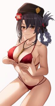 1girl absurdres adapted_costume bikini black_hair black_hat braid braided_hair_rings breasts brown_eyes commentary cozie178 flower girls'_frontline girls'_frontline_2:_exilium hair_between_eyes hair_flower hair_ornament hair_rings hat highres jewelry large_breasts lewis_(girls'_frontline) lewis_(sunscreen_battle)_(girls'_frontline) long_hair looking_at_viewer navel necklace official_alternate_hairstyle red_bikini red_flower single_hair_ring smile solo swimsuit white_background