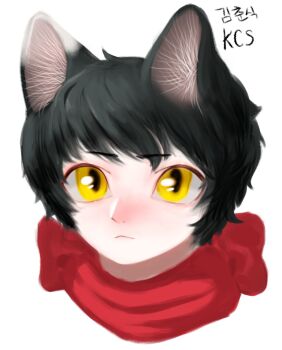 Rule 34 | 1girl, animal ear fluff, animal ears, artist name, black hair, cat ears, cat girl, cat tail, closed mouth, dungeon meshi, highres, izutsumi, kimchunsik, portrait, red scarf, scarf, short hair, simple background, slit pupils, solo, tail, white background, yellow eyes