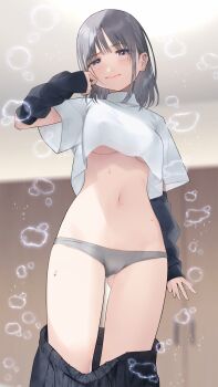 1girl absurdres arm_warmers blush breasts clothes_pull crop_top ear_piercing earrings fuzuki_fuuro grey_eyes grey_hair grey_panties highres indoors jewelry looking_at_viewer medium_breasts medium_hair midriff navel non-web_source original panties pants pants_pull piercing shirt solo stud_earrings tachibana_kanna underboob underwear white_shirt