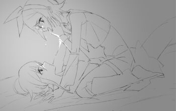 2girls ahoge commentary_request cropped_shirt crying crying_with_eyes_open detached_sleeves greyscale gumi hand_on_another's_face kagamine_rin medium_hair monochrome multiple_girls shorts straddling tears thighhighs vocaloid wounds404 yukadon yuri