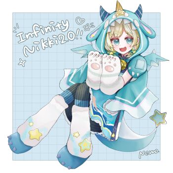 Rule 34 | 1210 neno, 1girl, animal costume, animal ear hood, animal hands, bell, black pantyhose, blonde hair, blue background, blue bow, blue cloak, blue dress, blue eyes, blue horns, blue shoes, blue tail, blue wings, border, bow, cloak, cloud print, commentary request, copyright name, deepwood dream (infinity nikki), dot nose, dragon costume, dragon tail, dragon wings, dress, elbow gloves, fake animal ears, fake horns, fake tail, fake wings, frilled dress, frills, full body, gloves, grid background, hair bow, hair ornament, happy, heart, highres, hood, hood up, hooded cloak, horns, infinity nikki, leg warmers, light blush, looking at viewer, loose gloves, low twintails, medium dress, medium hair, neck bell, nikki (series), notice, open mouth, outside border, pantyhose, paw gloves, print dress, print leg warmers, shoes, shooting star (symbol), short twintails, signature, sitting, smile, solo, sparkle, star (symbol), star hair ornament, star print, striped clothes, striped gloves, striped pantyhose, tail, twintails, two-tone bow, vertical-striped clothes, vertical-striped pantyhose, white border, white gloves, white leg warmers, wings, yellow bow