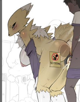 1boy 1girl age_difference animal_ears ass black_sclera blue_eyes blush breasts colored_sclera commentary cum cum_in_pussy detached_sleeves digimon digimon_(creature) english_commentary english_text fox_ears fox_girl fox_tail furry furry_female furry_with_non-furry hetero interspecies large_breasts male_underwear nipples onee-shota purple_male_underwear purple_sleeves renamon sex sex_from_behind shirt shota tail uncensored underwear vaginal white_shirt zhou135627