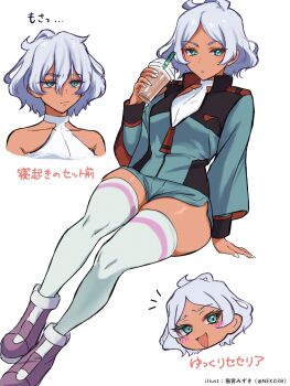 1girl ahoge artist_name asticassia_school_uniform blush closed_mouth collar commentary_request cup dark-skinned_female dark_skin drinking_straw fluffy_hair green_eyes gundam gundam_suisei_no_majo highres holding holding_cup leotard long_sleeves nekomiya_mizuki school_uniform secelia_dote short_shorts shorts smug striped_clothes striped_thighhighs thick_thighs thighhighs thighs twitter_username white_hair white_leotard white_nails zettai_ryouiki
