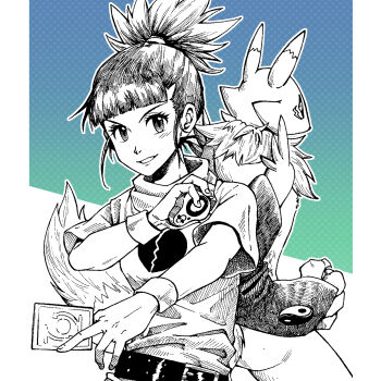 absurdres black_sclera brown_hair colored_sclera digimon digimon_(creature) digimon_tamers fox_tail furry hair_ornament hairpin highres kumage long_hair makino_ruki ponytail purple_eyes renamon tail