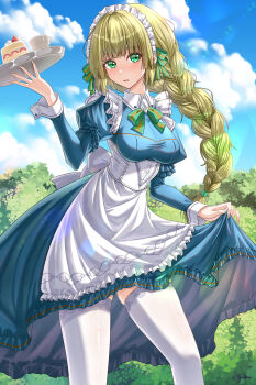 1girl absurdres apron blonde_hair blue_dress blue_sky blush bow braid braided_ponytail breasts cake clothes_lift cloud commentary_request cup dress dress_lift fire_emblem fire_emblem:_three_houses fire_emblem_heroes food green_eyes headdress highres holding holding_tray ingrid_brandl_galatea ingrid_brandl_galatea_(cordial_teatime) lifting_own_clothes long_hair long_sleeves looking_at_viewer maid maid_apron maid_headdress medium_breasts nintendo official_alternate_costume outdoors parted_lips skindentation sky solo teacup thighhighs thighs tray wade_(njud8343) white_apron white_thighhighs