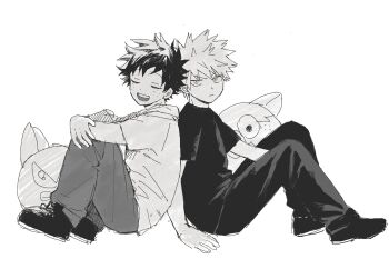 2boys back-to-back bakugou_katsuki boku_no_hero_academia bubble5432 closed_eyes closed_mouth commentary crew_neck crossed_arms dot_nose freckles greyscale highres invisible_chair looking_at_viewer male_focus midoriya_izuku monochrome multiple_boys open_mouth pants shirt shoes short_hair short_sleeves simple_background sitting sketch spiked_hair stuffed_toy symbol-only_commentary teeth upper_teeth_only white_background