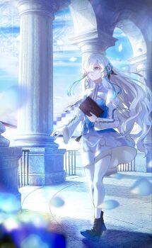 Rule 34 | 1girl, absurdres, blue hair, blue sky, book, boots, dress, flower, full body, hair flower, hair ornament, highres, holding, holding book, isekaijoucho, kamitsubaki studio, long hair, looking to the side, mey (me hanamomo), multicolored hair, pantyhose, parted lips, petals, pillar, sky, solo, two-tone hair, very long hair, white hair, white pantyhose