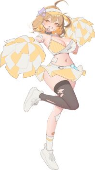 1girl absurdres ahoge alternate_costume anis_(nikke) anis_(star)_(nikke) asymmetrical_legwear bandaid bandaid_on_leg bandaid_on_stomach black_choker black_thighhighs blush breasts brown_eyes brown_hair cheerleader choker cleavage criss-cross_halter crop_top full_body goddess_of_victory:_nikke grin hair_ornament halterneck headset highres hisi_978 holding holding_pom_poms large_breasts looking_at_viewer midriff mismatched_legwear navel open_mouth pom_pom_(cheerleading) pom_poms shoes short_hair single_thighhigh skirt smile socks solo teeth thighhighs torn_clothes torn_thighhighs visor_cap white_socks