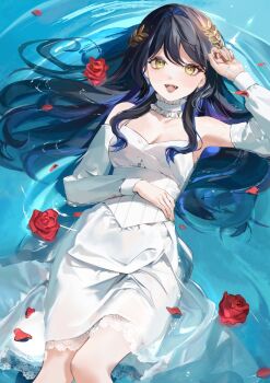 1girl afloat bare_shoulders black_hair commentary_request dress floating_hair flower hair_between_eyes hair_ornament hand_on_own_head highres indie_virtual_youtuber long_hair looking_at_viewer lying nxmly on_back open_mouth petals red_flower red_rose rose rose_petals second-party_source smile water wet white_dress white_sleeves yellow_eyes yellow_nails