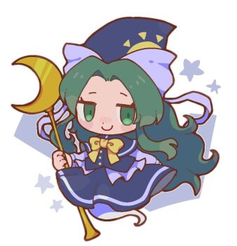 Rule 34 | 1girl, bow, bowtie, capelet, chibi, commentary request, crescent, dress, floating, ghost tail, green eyes, green hair, hat, holding, holding staff, ikururu, long hair, long sleeves, mima (touhou), ribbon, smile, solo, staff, touhou, touhou (pc-98), white background, witch hat, wizard hat, yellow bow