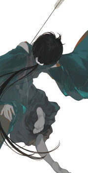 1boy absurdres arrow_(projectile) arrow_in_body black_hair from_behind highres long_hair long_sleeves male_focus original ponytail shimizu_en_(shimizuen3310) simple_background solo white_background