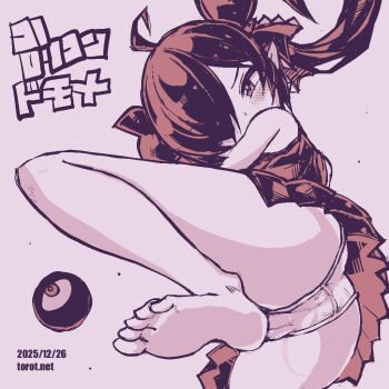 1girl ahoge ass backbeako_(torotei) backbeard bare_legs bare_shoulders barefoot blush cameltoe commentary dated dated_commentary dress feet from_below gegege_no_kitarou hair_over_one_eye hair_ribbon knee_up kono_lolicon_domome loli long_hair looking_at_viewer monochrome original paid_reward_available panties pink_background pink_theme pointy_ears ribbon simple_background sleeveless sleeveless_dress soles solo toes torotei translated twintails underwear watermark web_address