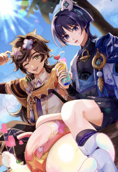 2boys asha_(genshin_impact) black_shirt black_shorts brown_hair brown_scarf commentary_request cup drinking_straw eyewear_on_head genshin_impact glass green_eyes highres holding holding_cup japanese_clothes long_hair male_focus multicolored_hair multiple_boys one_eye_closed open_mouth purple_eyes purple_hair scaramouche_(genshin_impact) scarf sethos_(genshin_impact) shirt short_hair shorts star-shaped_eyewear star_(symbol) streaked_hair tassel ukikasa19021 wanderer_(genshin_impact) white_shirt