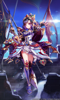 1girl armor banner black_gloves black_hair blue_sky boots breasts commission day fingerless_gloves flag full_body gloves hair_ornament highres holding kiwikong looking_at_viewer original outdoors purple_eyes purple_hair sensitive sky snow_white_(fairy_tale) snow_white_(fairy_tale_character) solo stairs standing sword weapon