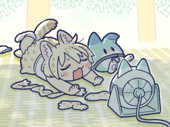 Rule 34 | animal ears, belt, bow, bowtie, cat ears, cat girl, cat tail, elbow gloves, electric fan, extra ears, gloves, grey hair, kemono friends, kuro shiro (kuro96siro46), lens, lucky beast (kemono friends), non-humanoid robot, robot, robot animal, shirt, short hair, skirt, sleeveless, sleeveless shirt, socks, tail, white serval (kemono friends)