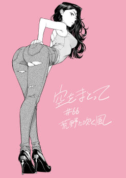 Rule 34 | arched back, ass, black hair, commentary request, denim, full body, hand on own hip, high heels, highres, jeans, komi shin'ya, long hair, pants, red background, ryuumai kyouko, simple background, sora wo matotte, tank top, torn clothes, torn jeans, torn pants