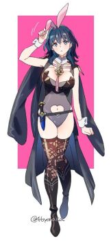 Rule 34 | 1girl, animal ears, artist name, bad id, bad pixiv id, black boots, black coat, black leotard, black thighhighs, blue hair, boots, breasts, clothing cutout, coat, commentary, fake animal ears, female byleth (fire emblem), fire emblem, fire emblem: three houses, full body, heart cutout, knee boots, knife, knife sheath, large breasts, leotard, looking at viewer, navel, navel cutout, nintendo, nontraditional playboy bunny, rabbit ears, sheath, skindentation, solo, thick thighs, thighhighs, thighs, white wrist cuffs, wrist cuffs, yoru (yoruyonaka)