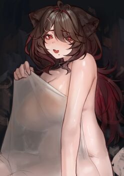 Rule 34 | 1girl, absurdres, animal ears, breasts, brown hair, cat ears, from side, highres, large breasts, long hair, looking at viewer, looking to the side, mole, mole under mouth, naoko kirishima, naokomama, open mouth, original, red eyes, see-through towel, smile, solo