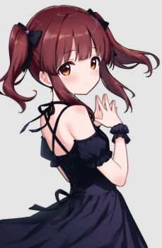 1girl bare_shoulders black_dress blush breasts brown_eyes brown_hair dress expressionless from_behind highres idolmaster idolmaster_cinderella_girls jia_wenyuan looking_at_viewer looking_back ogata_chieri sidelocks simple_background small_breasts solo steepled_fingers twintails white_background