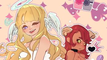 Rule 34 | 2girls, angel, angel (devilish hairdresser), angel and devil, blonde hair, bracelet, demon girl, demon horns, devil (devilish hairdresser), devilish hairdresser, dress, halo, head wings, horns, jewelry, long hair, looking at viewer, multiple girls, nekcetera, pink dress, red hair, skull ornament, smile, traditional halo, wings