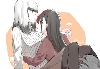Rule 34 | 2girls, black hair, blunt bangs, blush, breasts, brown eyes, brown pantyhose, brown skirt, collared shirt, colored tips, commentary request, dated, eye contact, face-to-face, from side, grey eyes, grey skirt, hug, inago akira, jouhou, large breasts, long hair, long sleeves, looking at another, medium hair, multicolored hair, multiple girls, open mouth, pantyhose, red hair, red shirt, satsuki yomi, shirt, skirt, streaked hair, striped clothes, striped shirt, sweat, toji no miko, twitter username, white hair, white shirt, yuri
